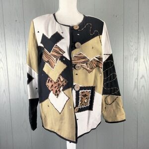 Indigo Moon Artsy‎ Embroidered Blazer Jacket Womens Medium Patchwork Abstract